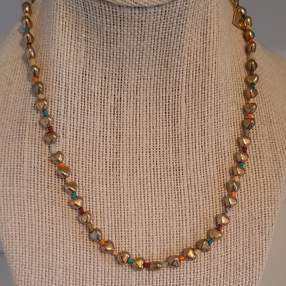 Anthropologie Gold Heart And Multi Color Beaded Necklace - Picture 7 of 9